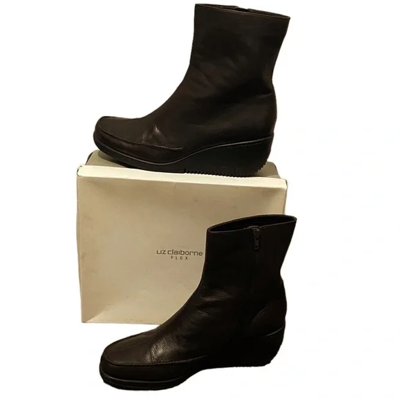 Liz Claiborne Flex Narda Coffee Bean Leather Wedge Ankle Boots - Picture 4 of 11